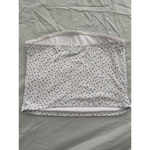 Just Polly Floral Ribbed Bandeau Tube Top Strapless White Blue XL - Picture 3 of 5